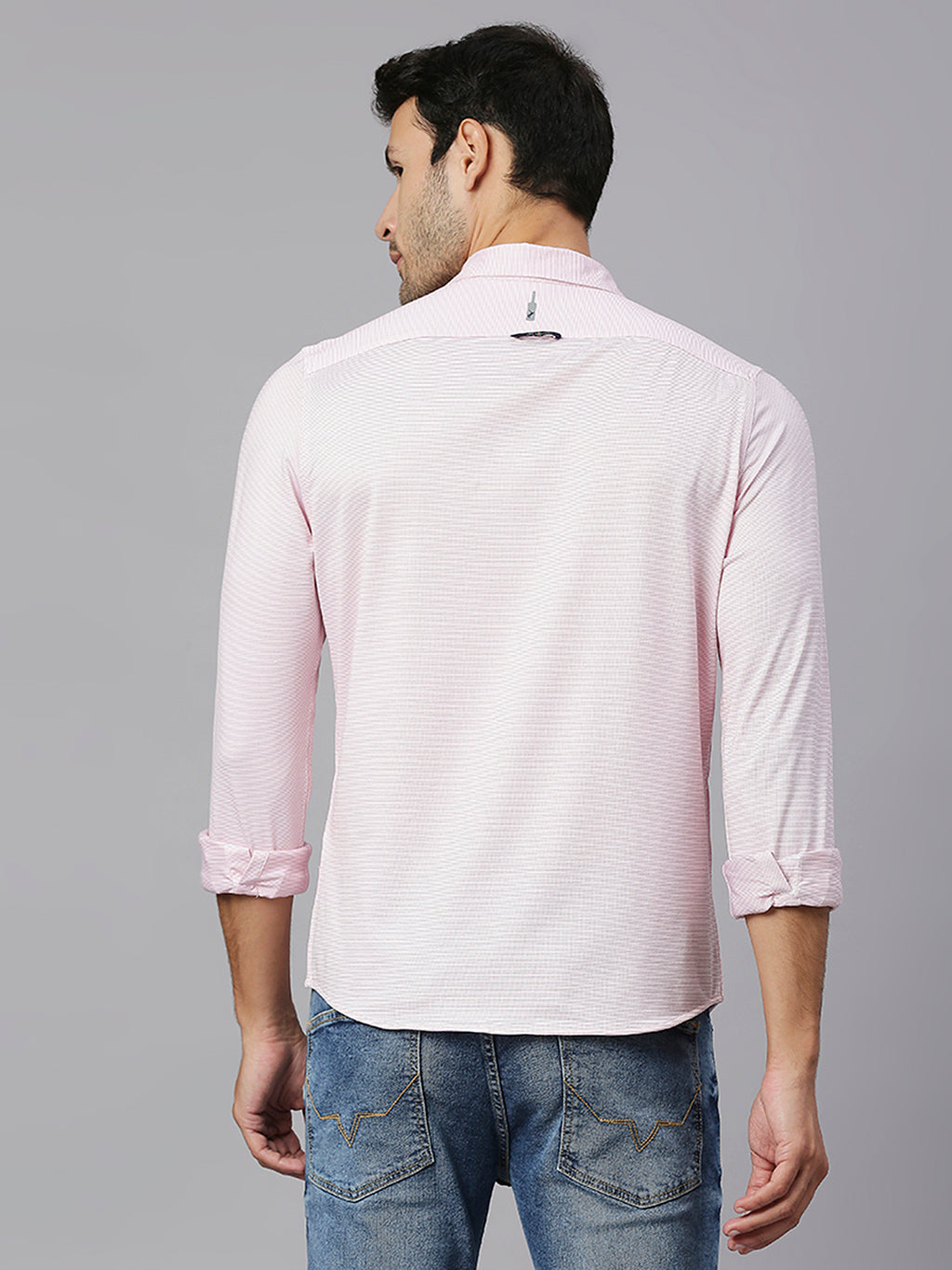 Thomas Scott Men Pink Classic Slim Fit Long Sleeves Spread Collar Pinstripes Knitted Casual Shirt