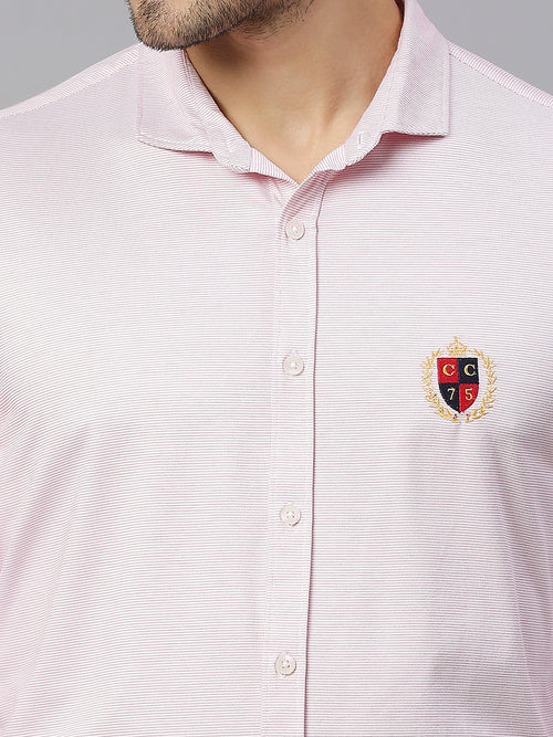 Thomas Scott Men Pink Classic Slim Fit Long Sleeves Spread Collar Pinstripes Knitted Casual Shirt