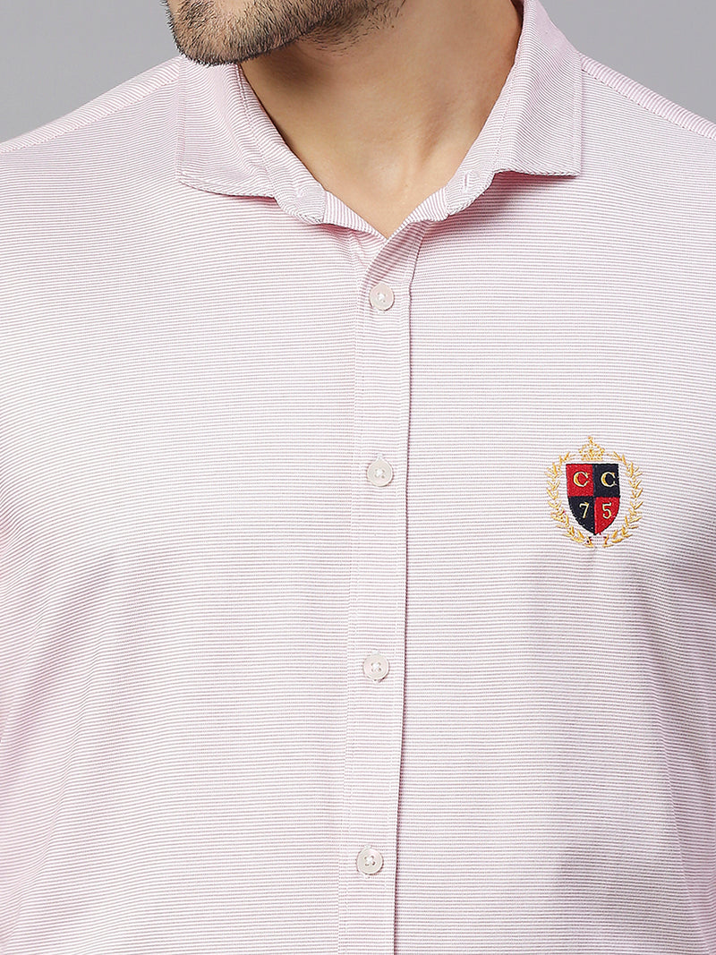 Thomas Scott Men Pink Classic Slim Fit Long Sleeves Spread Collar Pinstripes Knitted Casual Shirt