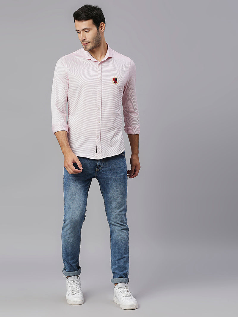 Thomas Scott Men Pink Classic Slim Fit Long Sleeves Spread Collar Pinstripes Knitted Casual Shirt