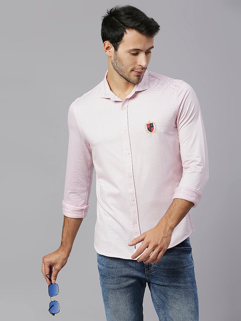 Thomas Scott Men Pink Classic Slim Fit Long Sleeves Spread Collar Pinstripes Knitted Casual Shirt