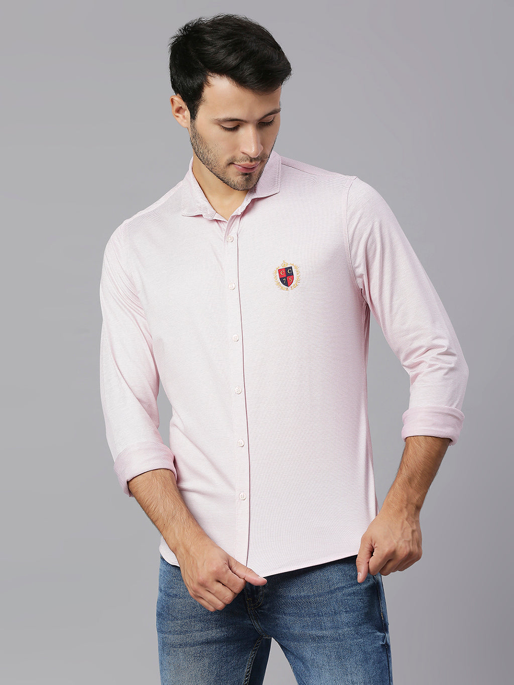Thomas Scott Men Pink Classic Slim Fit Long Sleeves Spread Collar Pinstripes Knitted Casual Shirt