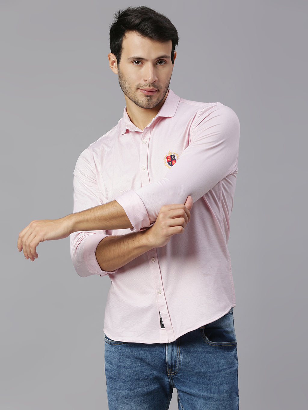 Thomas Scott Men Pink Classic Slim Fit Long Sleeves Spread Collar Pinstripes Knitted Casual Shirt
