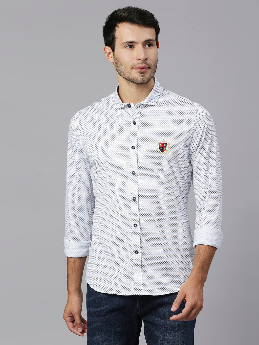 Thomas Scott Men White Classic Slim Fit Long Sleeves Spread Collar Micro Ditsy Printed Knitted Casual Shirt