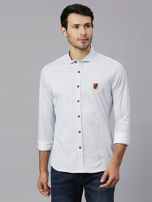 Thomas Scott Men White Classic Slim Fit Long Sleeves Spread Collar Micro Ditsy Printed Knitted Casual Shirt