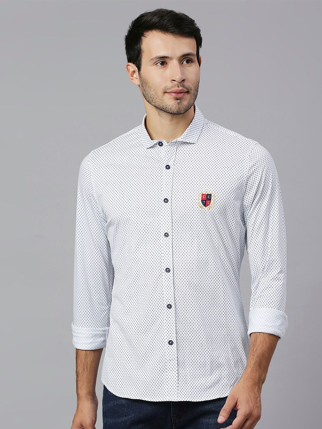 Thomas Scott Men White Classic Slim Fit Long Sleeves Spread Collar Micro Ditsy Printed Knitted Casual Shirt