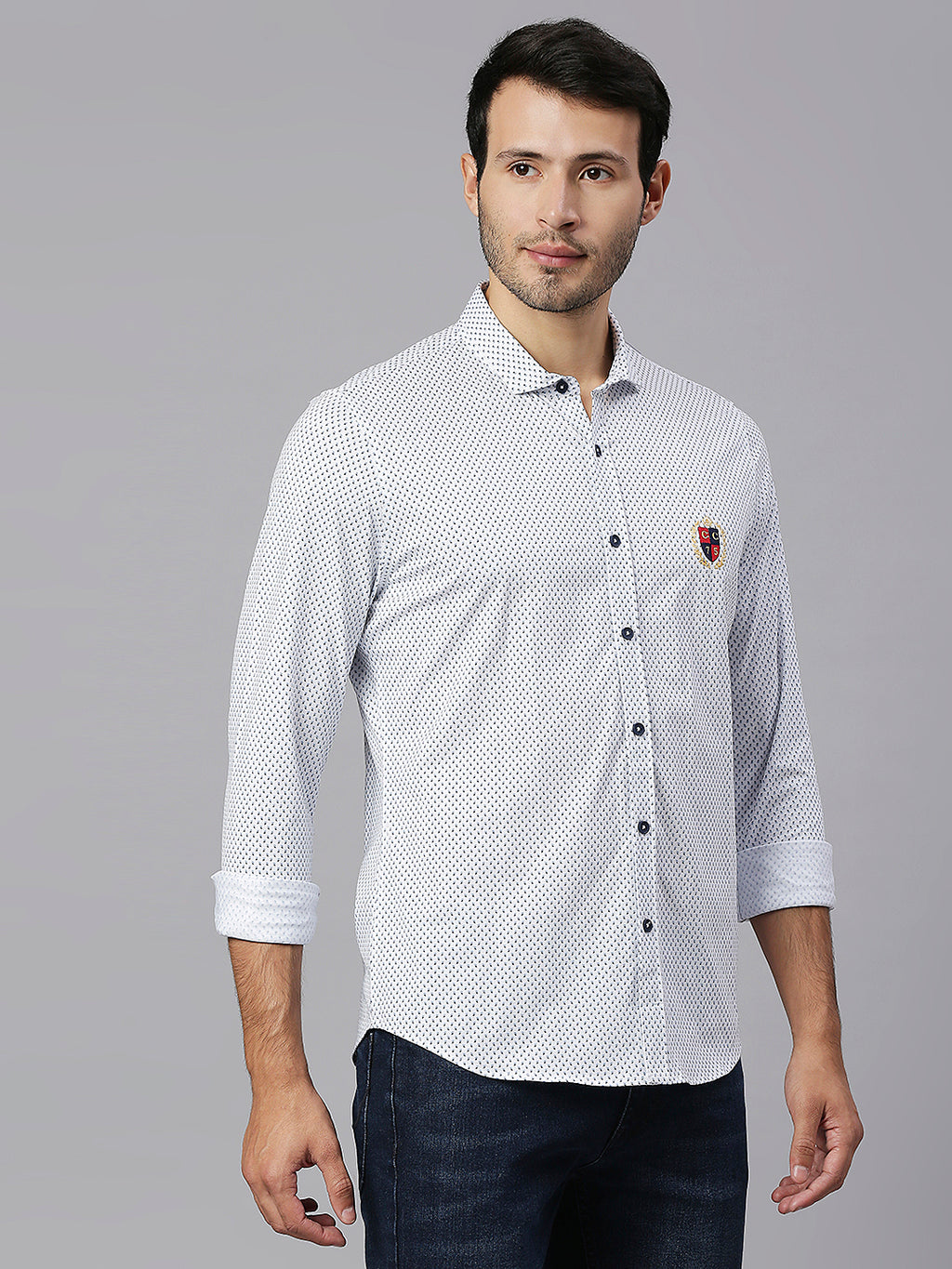 Thomas Scott Men White Classic Slim Fit Long Sleeves Spread Collar Micro Ditsy Printed Knitted Casual Shirt