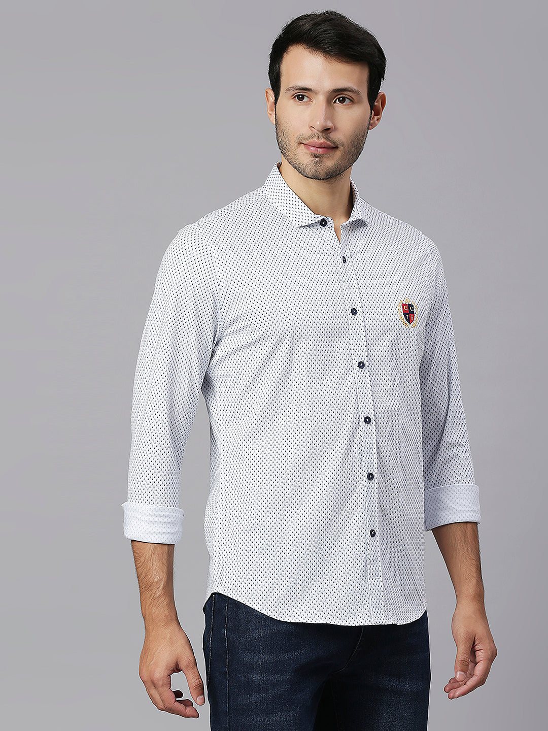 Thomas Scott Men White Classic Slim Fit Long Sleeves Spread Collar Micro Ditsy Printed Knitted Casual Shirt