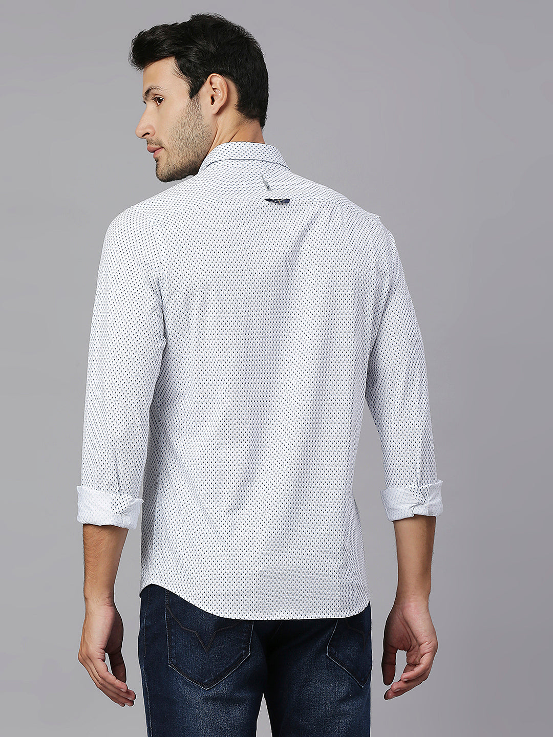 Thomas Scott Men White Classic Slim Fit Long Sleeves Spread Collar Micro Ditsy Printed Knitted Casual Shirt