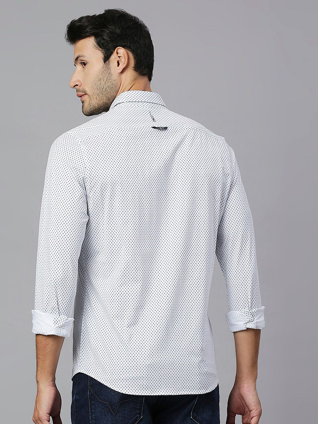 Thomas Scott Men White Classic Slim Fit Long Sleeves Spread Collar Micro Ditsy Printed Knitted Casual Shirt