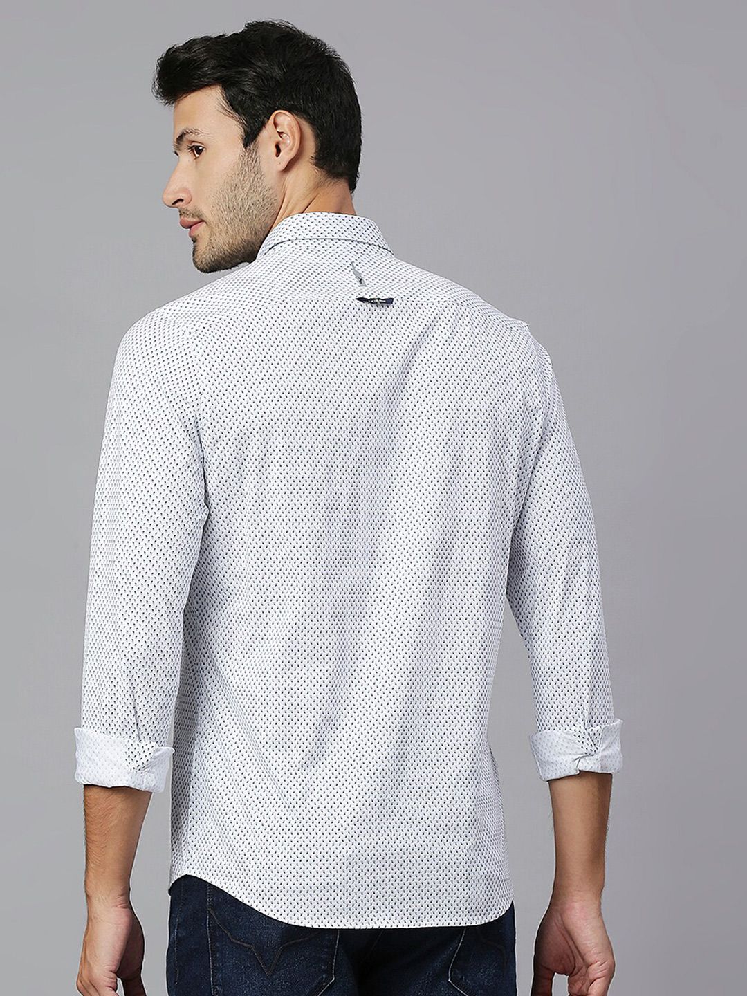 Thomas Scott Men White Classic Slim Fit Long Sleeves Spread Collar Micro Ditsy Printed Knitted Casual Shirt