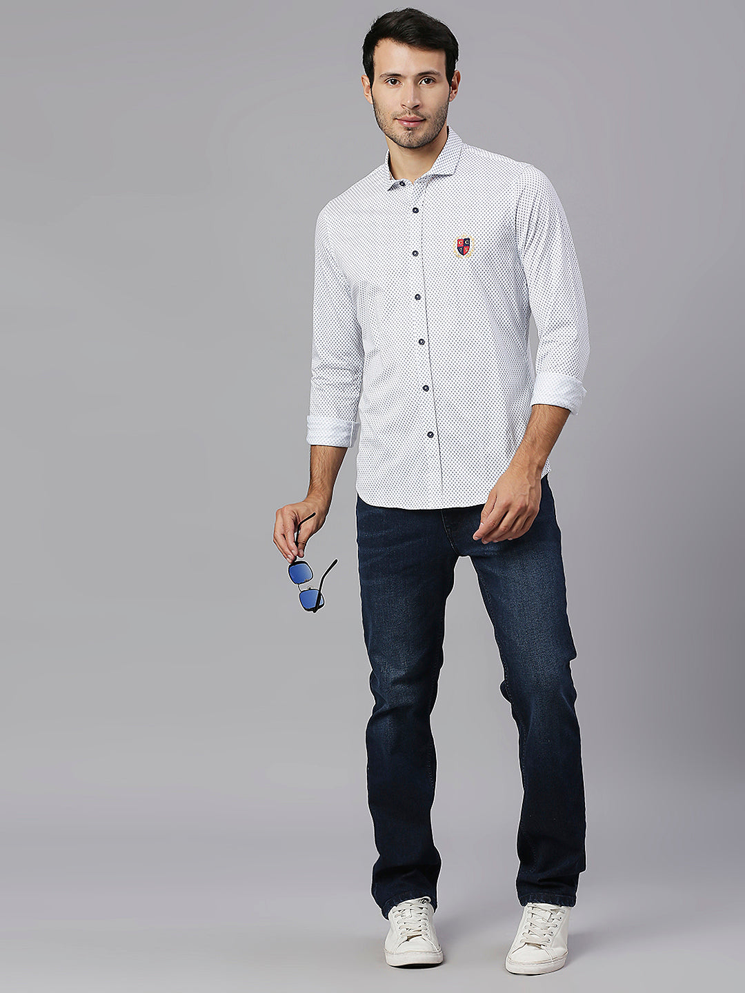 Thomas Scott Men White Classic Slim Fit Long Sleeves Spread Collar Micro Ditsy Printed Knitted Casual Shirt