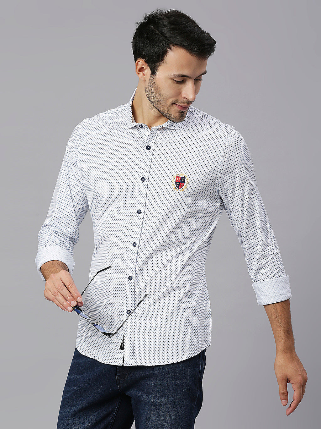 Thomas Scott Men White Classic Slim Fit Long Sleeves Spread Collar Micro Ditsy Printed Knitted Casual Shirt