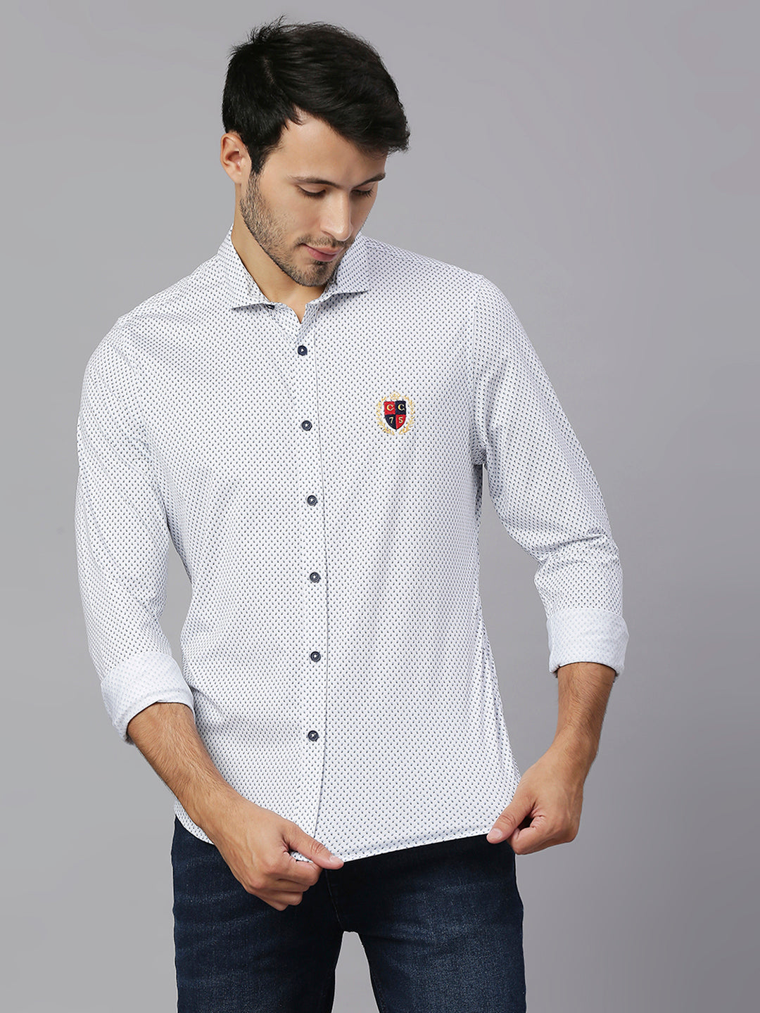 Thomas Scott Men White Classic Slim Fit Long Sleeves Spread Collar Micro Ditsy Printed Knitted Casual Shirt
