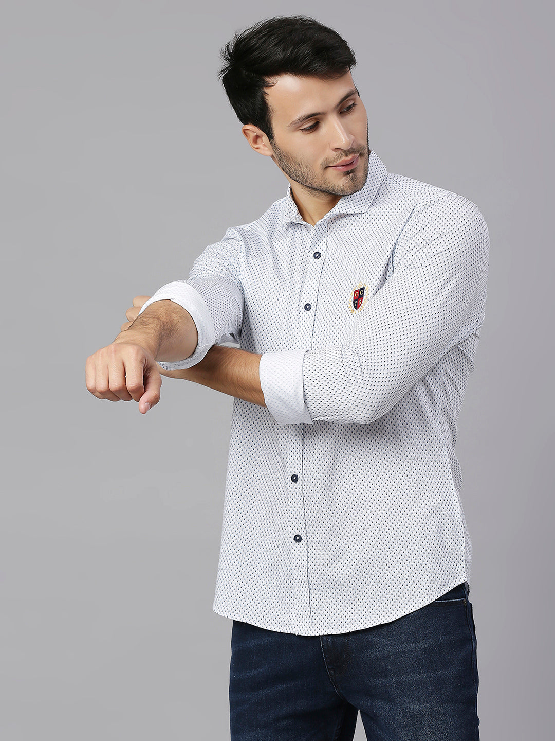 Thomas Scott Men White Classic Slim Fit Long Sleeves Spread Collar Micro Ditsy Printed Knitted Casual Shirt