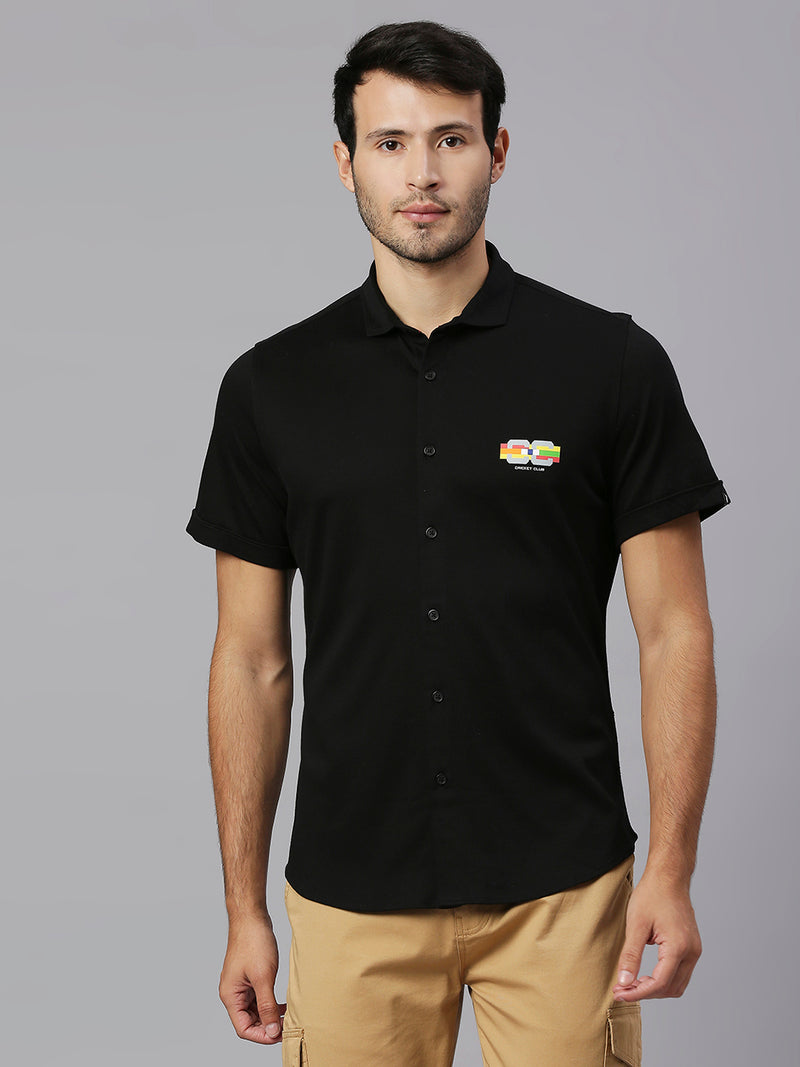 Thomas Scott Men Black Cricket Club Collection Slim Fit Classic 4 Way Stretch Spread Collar Solid Knitted Casual Shirt Casual Shirt