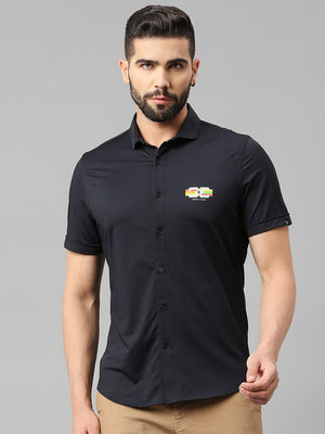 Thomas Scott Men Jet Navy Classic Slim Fit Short Sleeves Cutaway Collar Solid 4 Way Stretch Knitted Casual Shirt