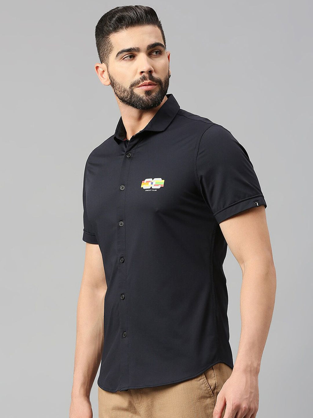 Thomas Scott Men Jet Navy Classic Slim Fit Short Sleeves Cutaway Collar Solid 4 Way Stretch Knitted Casual Shirt
