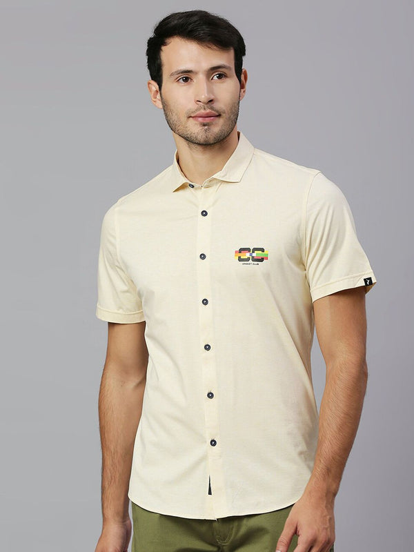 Thomas Scott Men Lemon Classic Slim Fit Short Sleeves Cutaway Collar Solid 4 Way Stretch Knitted Casual Shirt