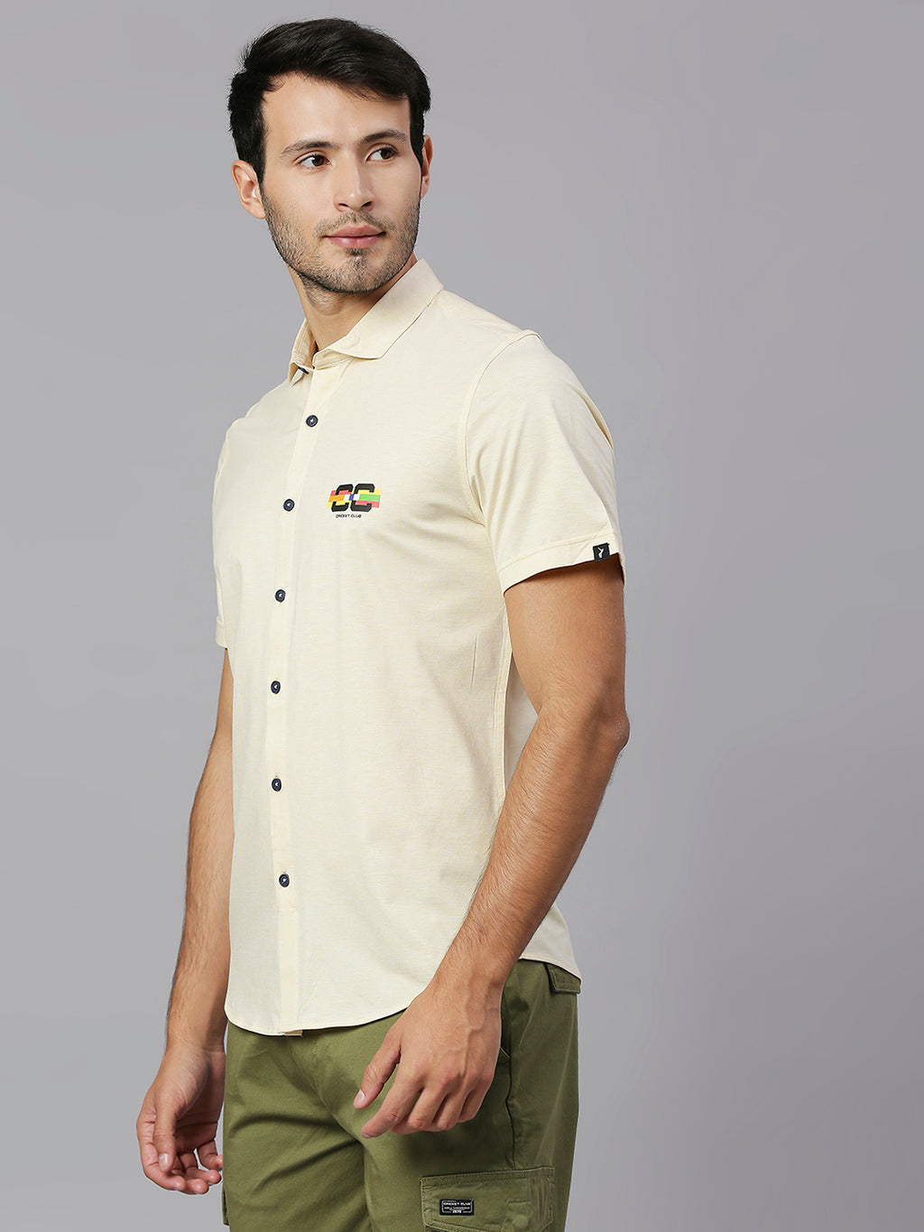 Thomas Scott Men Lemon Classic Slim Fit Short Sleeves Cutaway Collar Solid 4 Way Stretch Knitted Casual Shirt