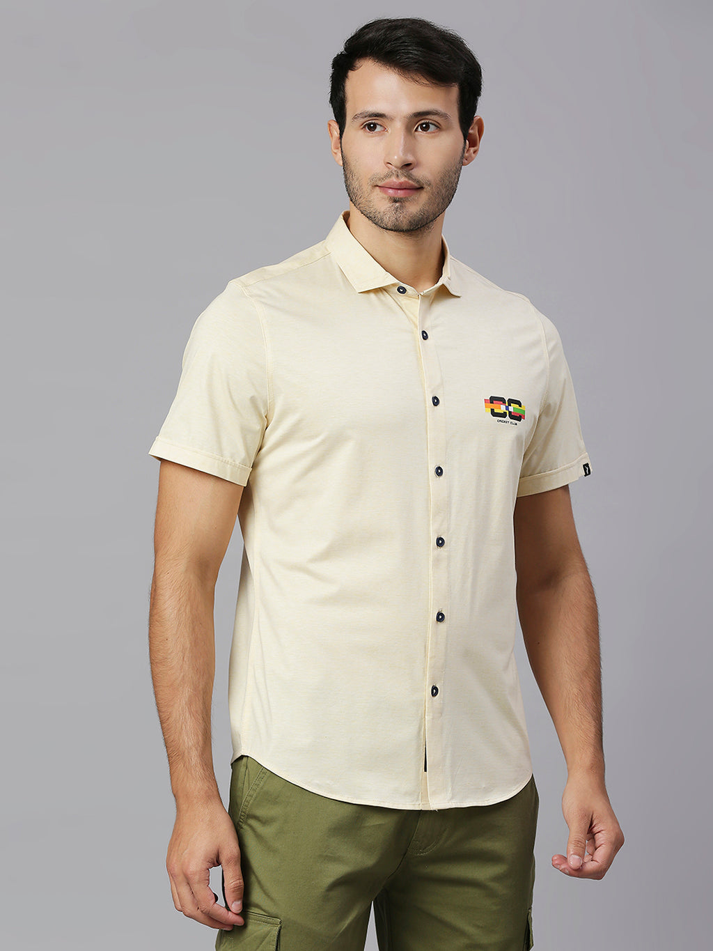 Thomas Scott Men Lemon Classic Slim Fit Short Sleeves Cutaway Collar Solid 4 Way Stretch Knitted Casual Shirt