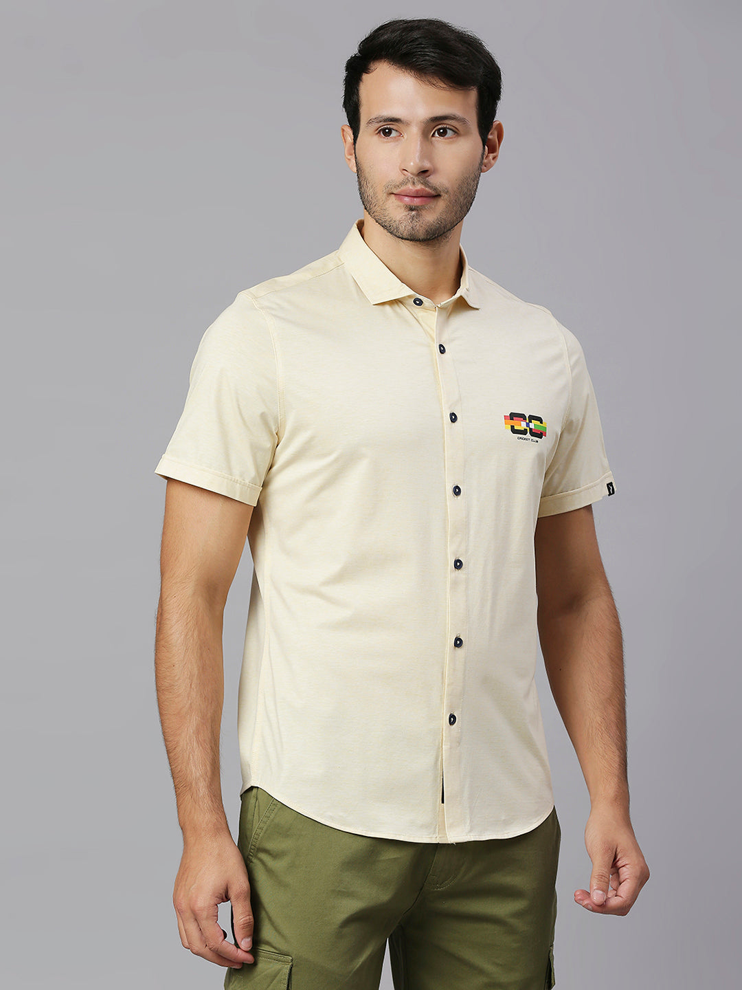 Thomas Scott Men Lemon Classic Slim Fit Short Sleeves Cutaway Collar Solid 4 Way Stretch Knitted Casual Shirt
