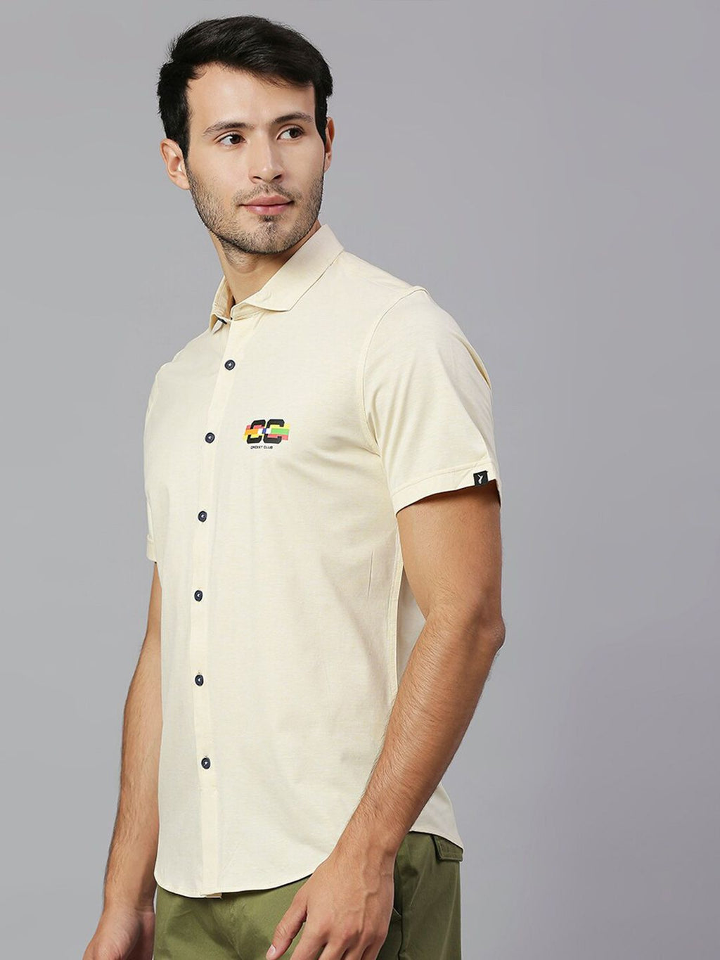 Thomas Scott Men Lemon Classic Slim Fit Short Sleeves Cutaway Collar Solid 4 Way Stretch Knitted Casual Shirt