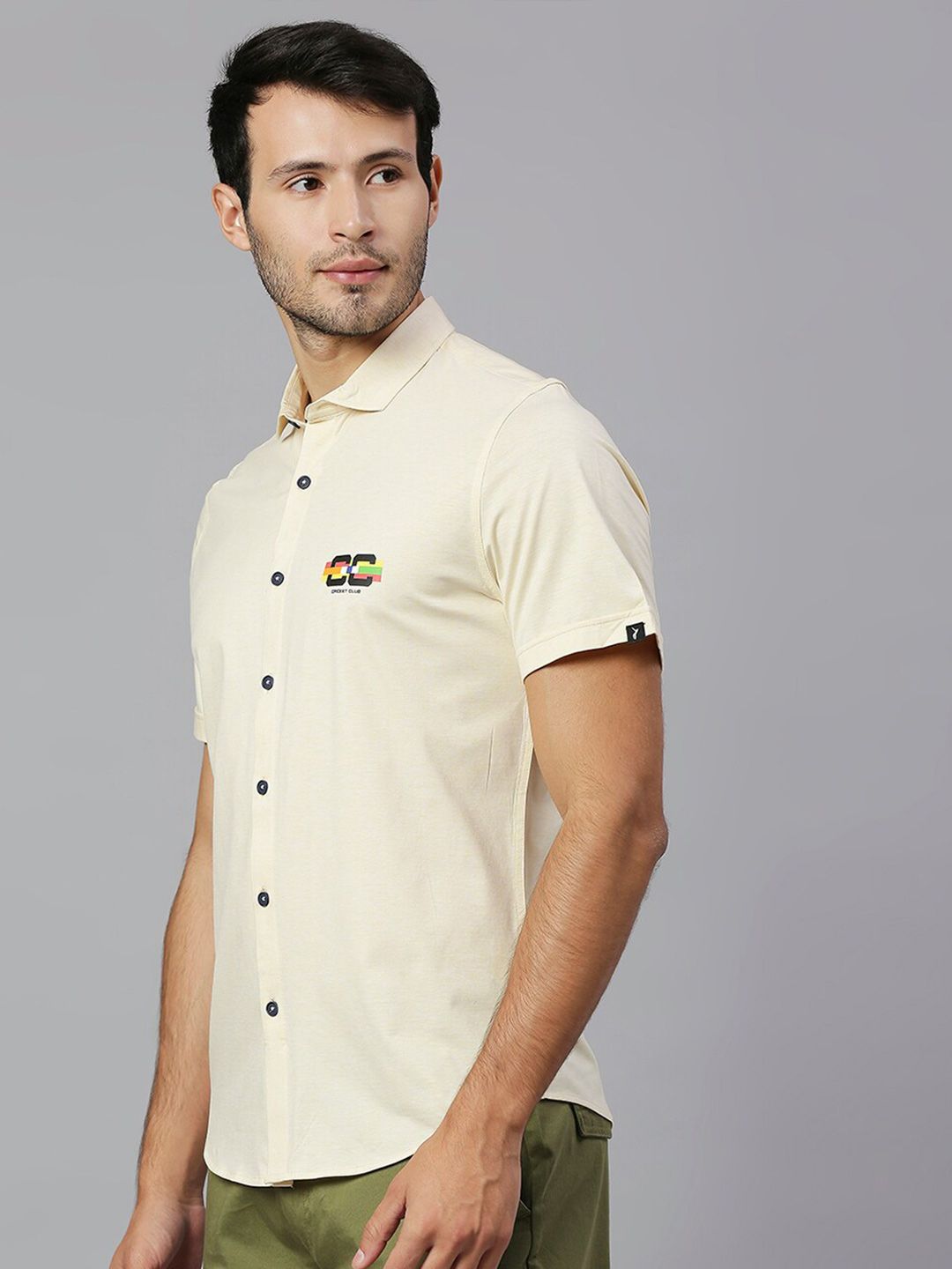 Thomas Scott Men Lemon Classic Slim Fit Short Sleeves Cutaway Collar Solid 4 Way Stretch Knitted Casual Shirt