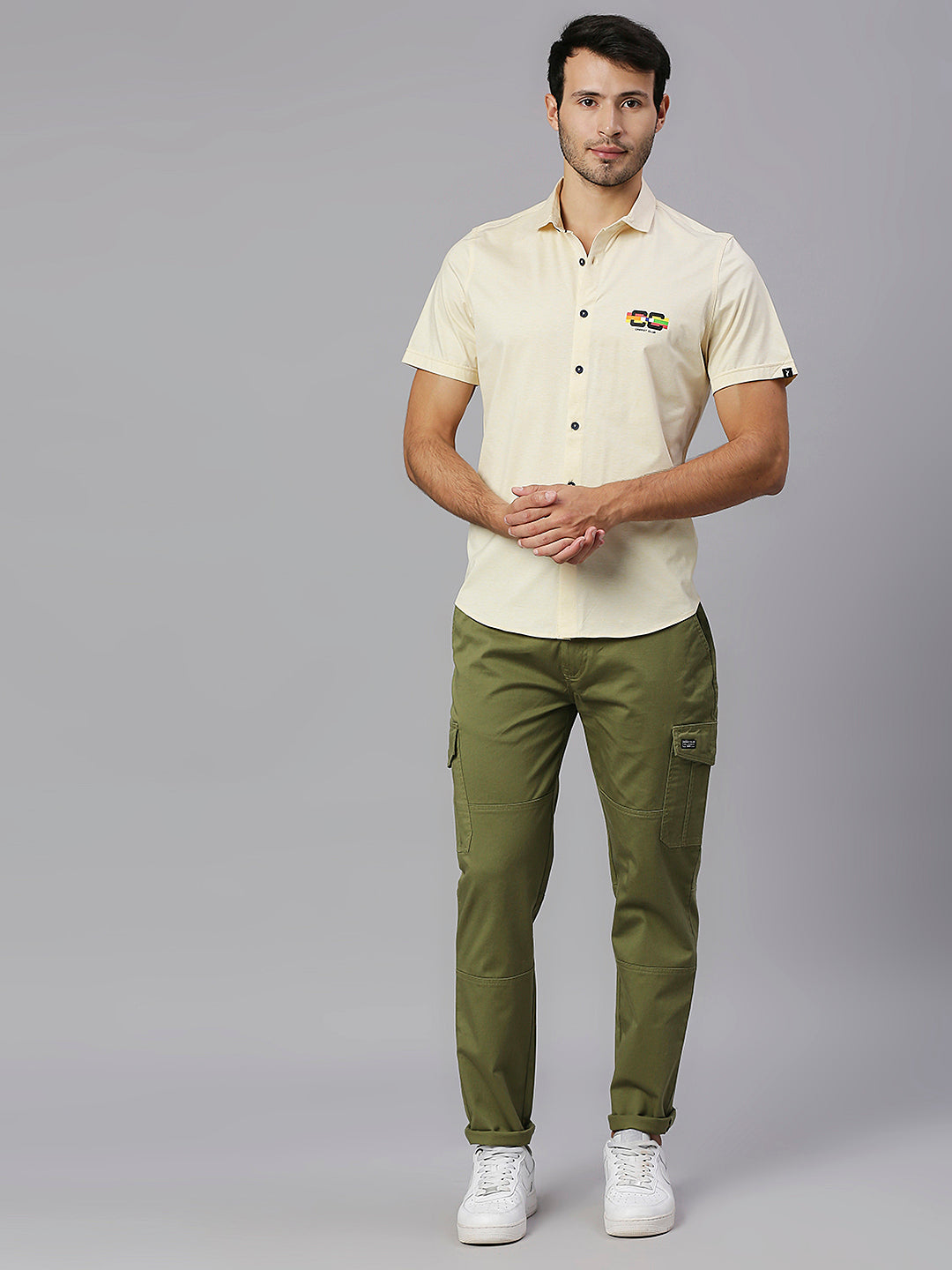 Thomas Scott Men Lemon Classic Slim Fit Short Sleeves Cutaway Collar Solid 4 Way Stretch Knitted Casual Shirt