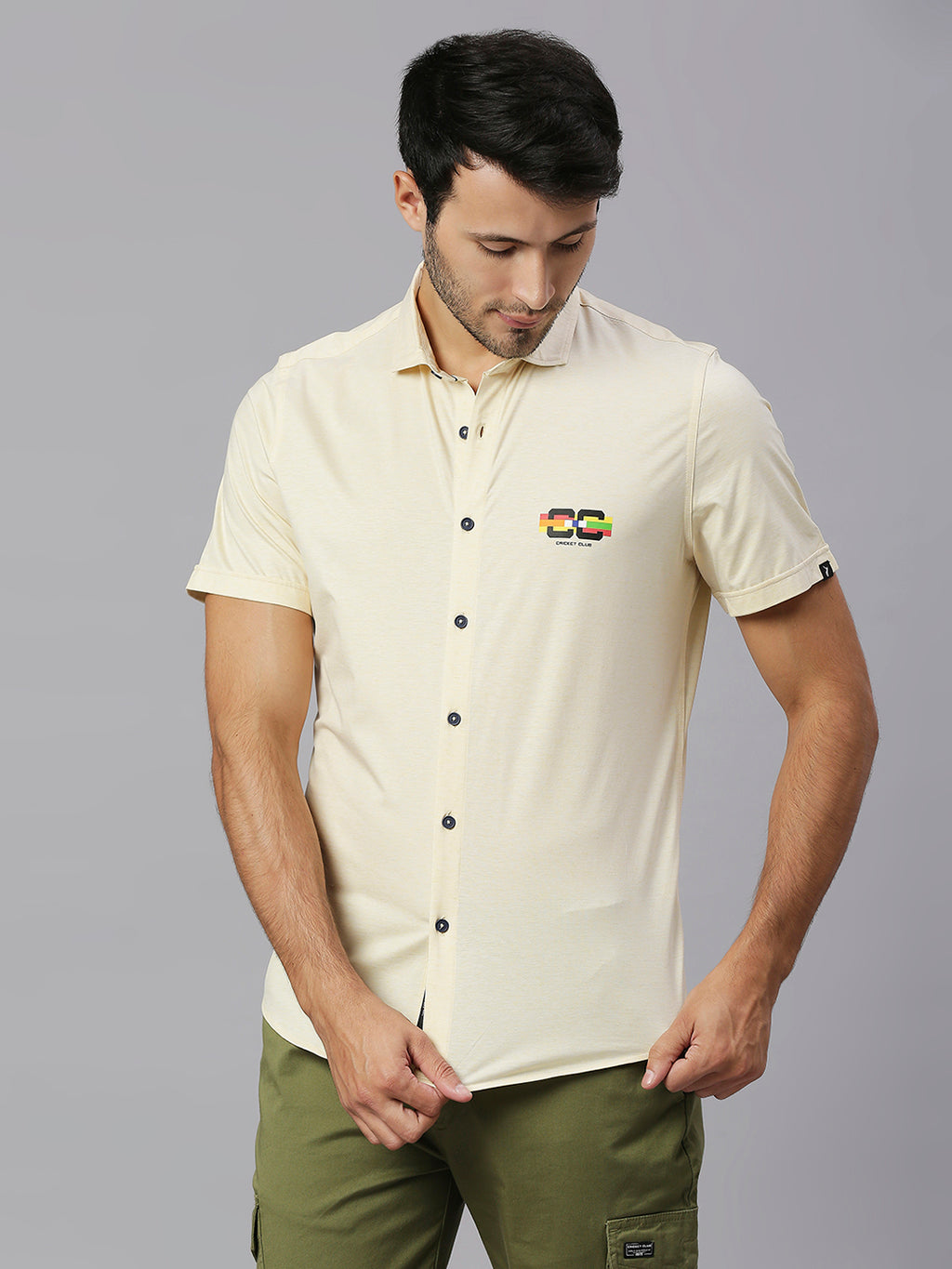Thomas Scott Men Lemon Classic Slim Fit Short Sleeves Cutaway Collar Solid 4 Way Stretch Knitted Casual Shirt