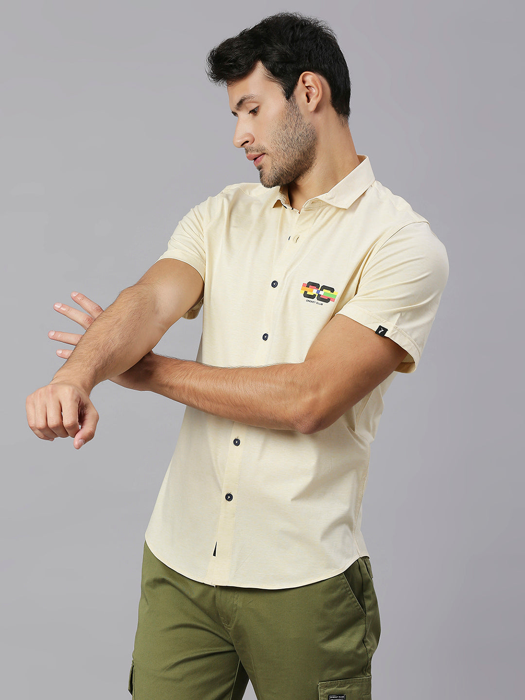 Thomas Scott Men Lemon Classic Slim Fit Short Sleeves Cutaway Collar Solid 4 Way Stretch Knitted Casual Shirt