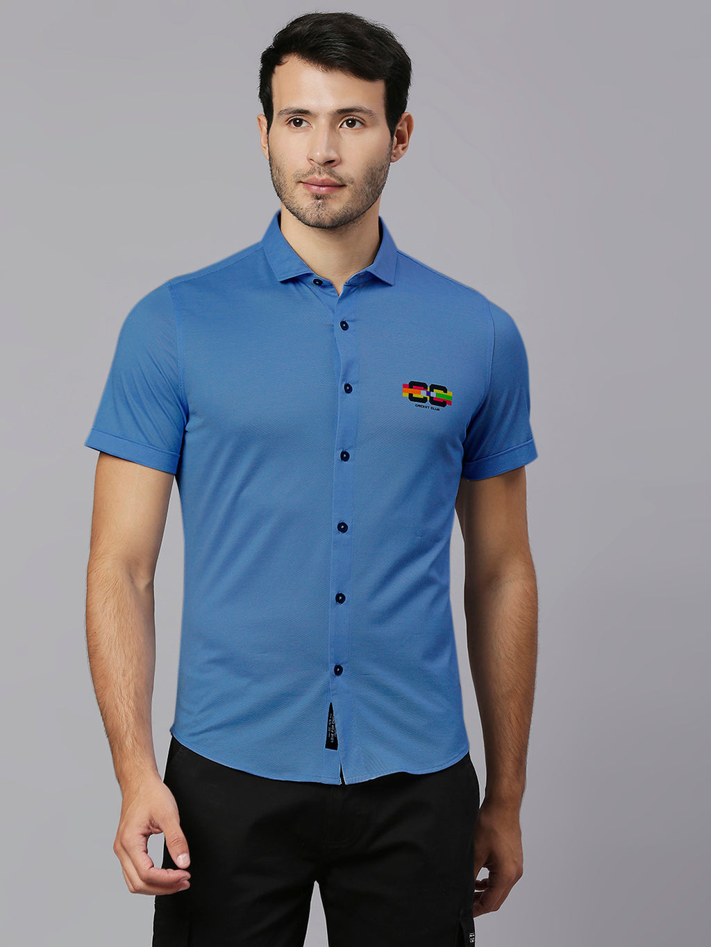 Thomas Scott Men Steel Blue Classic Slim Fit Short Sleeves Cutaway Collar Solid 4 Way Stretch Knitted Casual Shirt