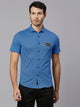 Thomas Scott Men Steel Blue Classic Slim Fit Short Sleeves Cutaway Collar Solid 4 Way Stretch Knitted Casual Shirt