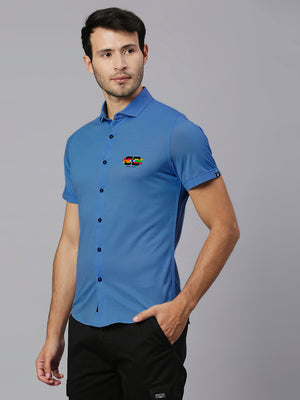 Thomas Scott Men Steel Blue Classic Slim Fit Short Sleeves Cutaway Collar Solid 4 Way Stretch Knitted Casual Shirt