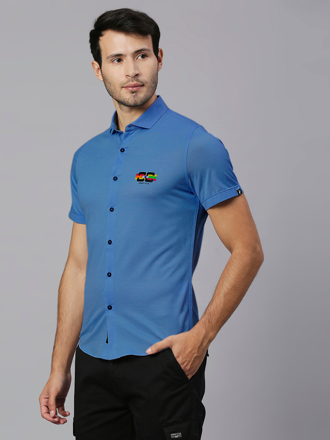 Thomas Scott Men Steel Blue Classic Slim Fit Short Sleeves Cutaway Collar Solid 4 Way Stretch Knitted Casual Shirt