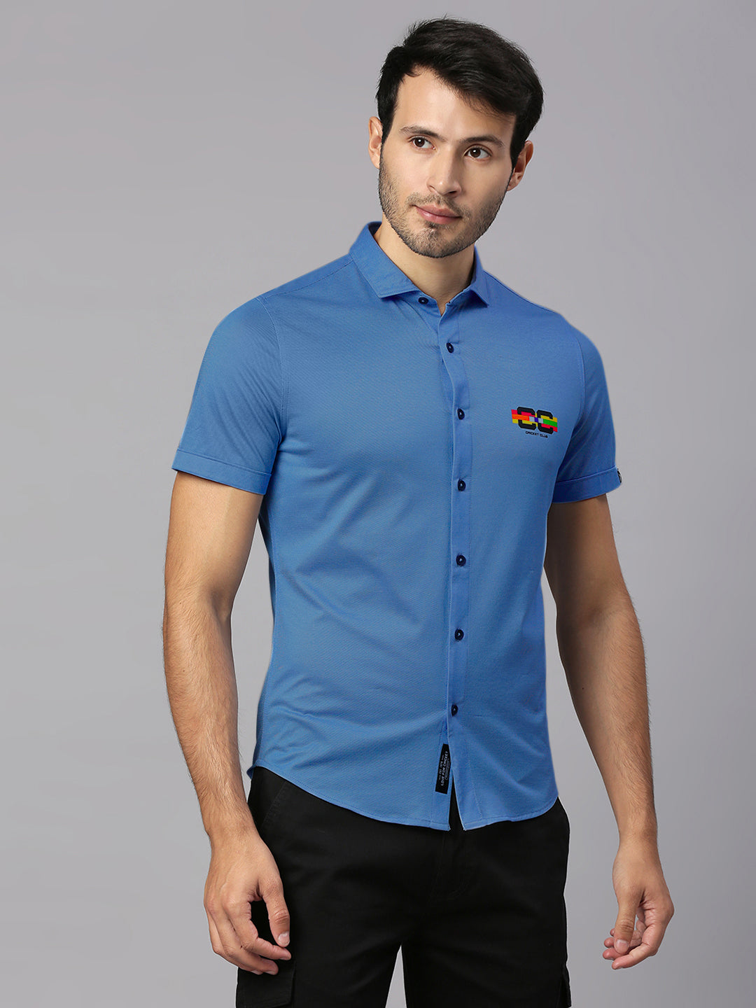Thomas Scott Men Steel Blue Classic Slim Fit Short Sleeves Cutaway Collar Solid 4 Way Stretch Knitted Casual Shirt