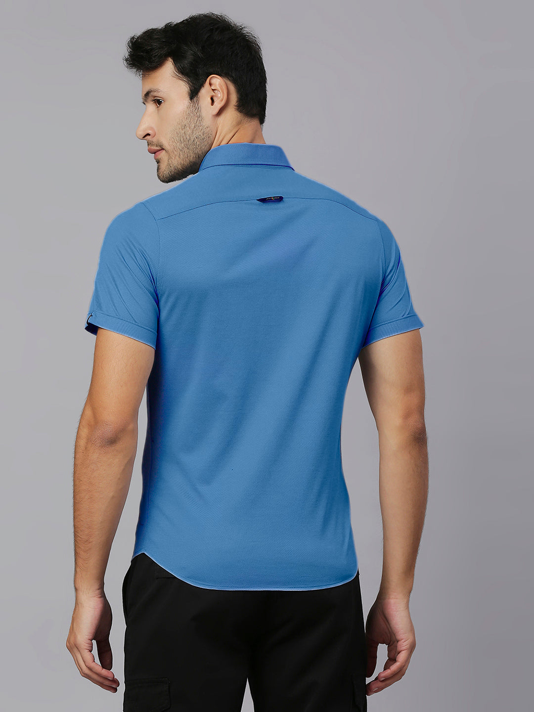 Thomas Scott Men Steel Blue Classic Slim Fit Short Sleeves Cutaway Collar Solid 4 Way Stretch Knitted Casual Shirt
