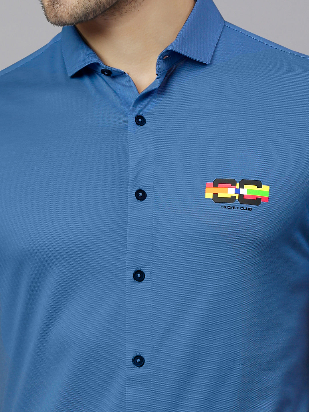 Thomas Scott Men Steel Blue Classic Slim Fit Short Sleeves Cutaway Collar Solid 4 Way Stretch Knitted Casual Shirt