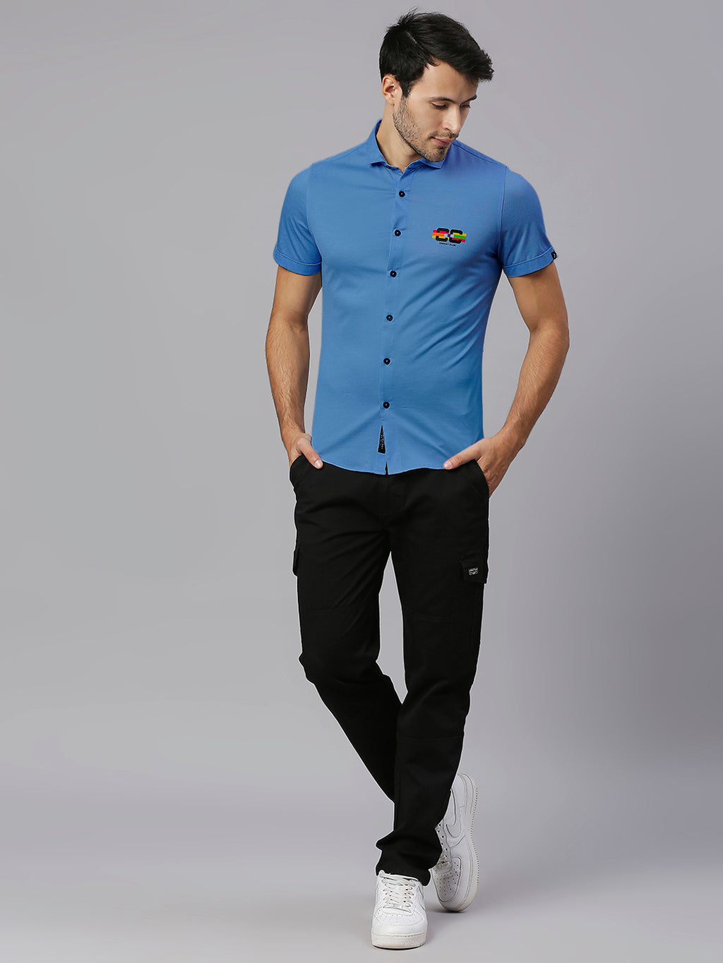 Thomas Scott Men Steel Blue Classic Slim Fit Short Sleeves Cutaway Collar Solid 4 Way Stretch Knitted Casual Shirt