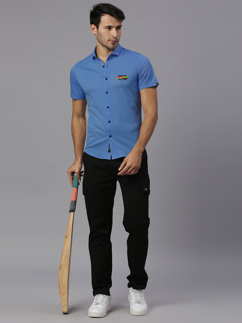 Thomas Scott Men Steel Blue Classic Slim Fit Short Sleeves Cutaway Collar Solid 4 Way Stretch Knitted Casual Shirt