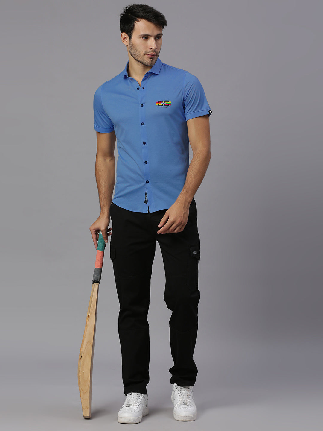 Thomas Scott Men Steel Blue Classic Slim Fit Short Sleeves Cutaway Collar Solid 4 Way Stretch Knitted Casual Shirt