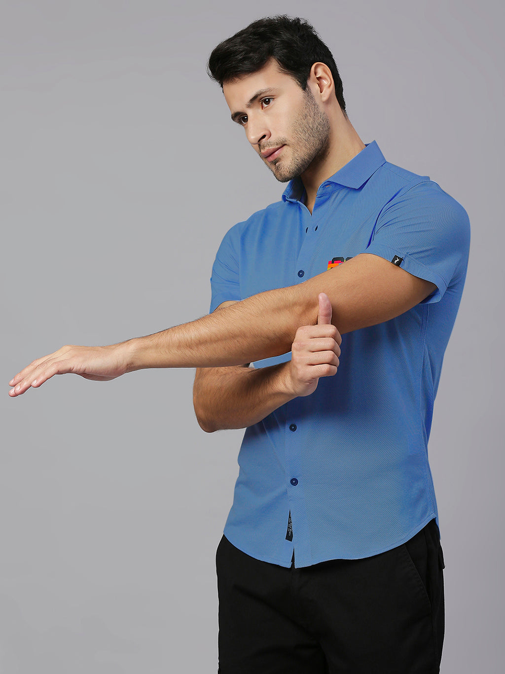 Thomas Scott Men Steel Blue Classic Slim Fit Short Sleeves Cutaway Collar Solid 4 Way Stretch Knitted Casual Shirt