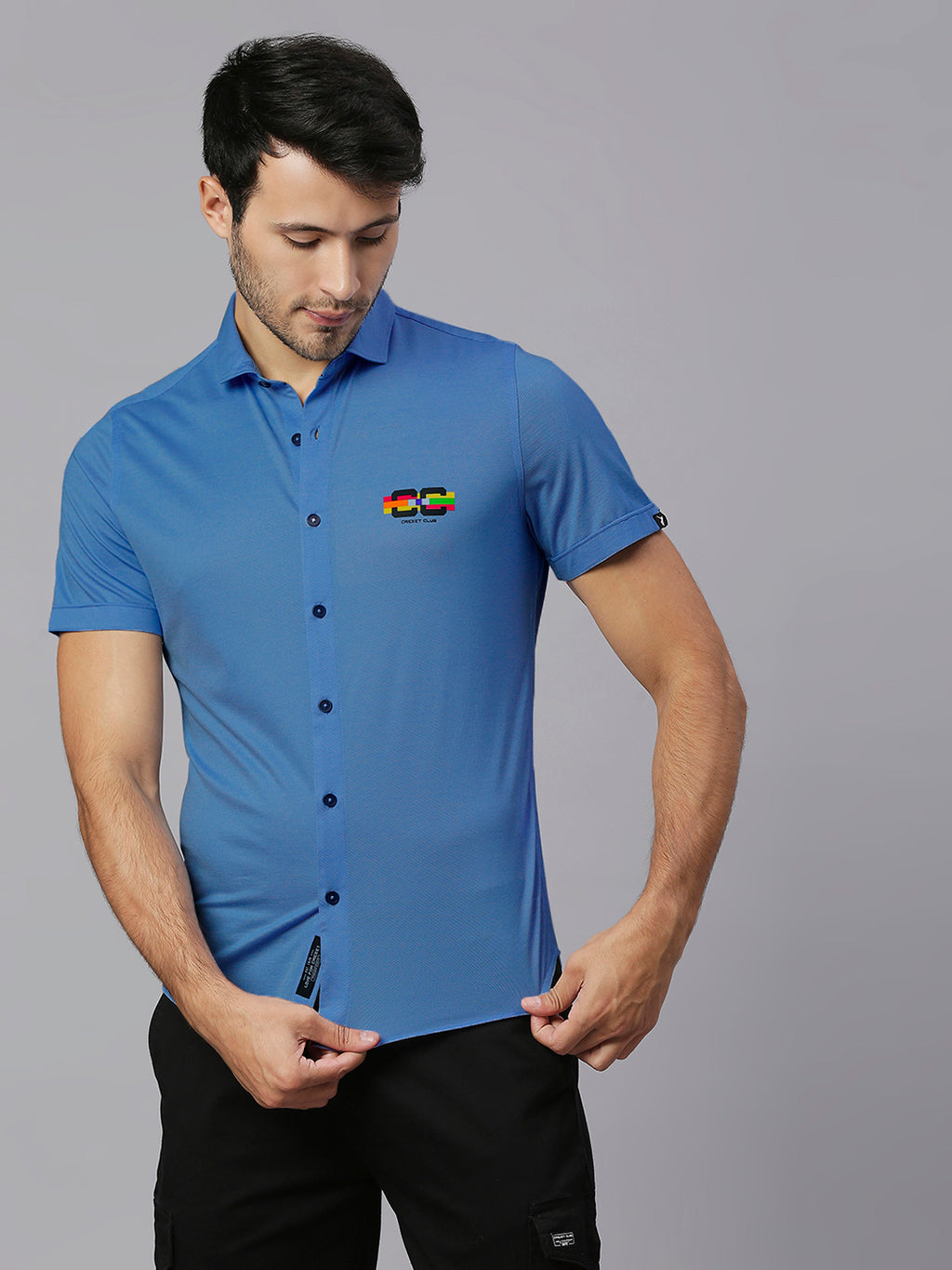 Thomas Scott Men Steel Blue Classic Slim Fit Short Sleeves Cutaway Collar Solid 4 Way Stretch Knitted Casual Shirt