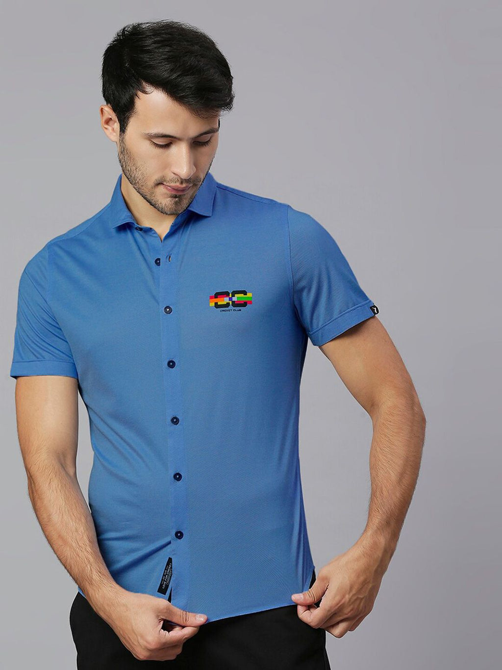 Thomas Scott Men Steel Blue Classic Slim Fit Short Sleeves Cutaway Collar Solid 4 Way Stretch Knitted Casual Shirt