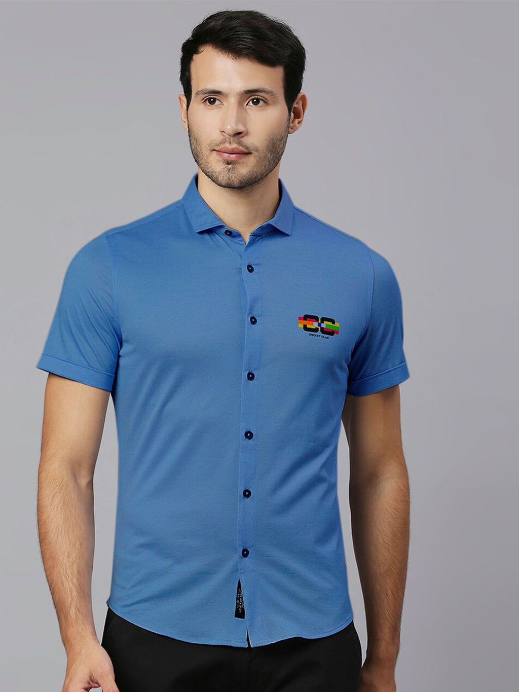 Thomas Scott Men Steel Blue Classic Slim Fit Short Sleeves Cutaway Collar Solid 4 Way Stretch Knitted Casual Shirt