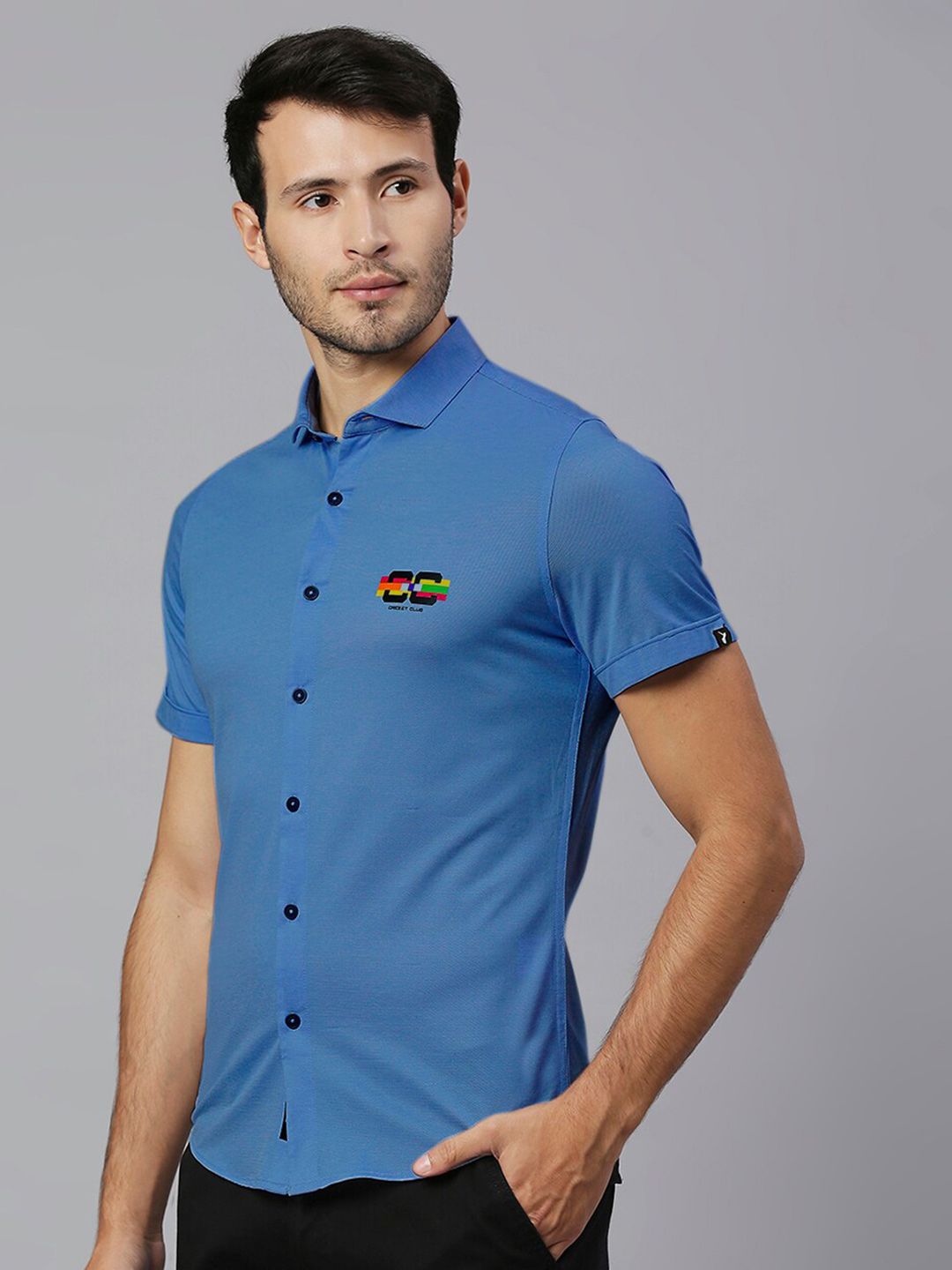 Thomas Scott Men Steel Blue Classic Slim Fit Short Sleeves Cutaway Collar Solid 4 Way Stretch Knitted Casual Shirt