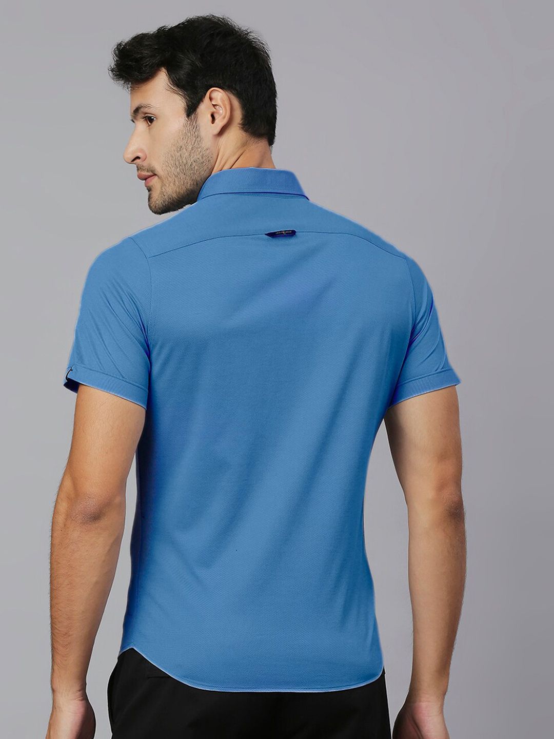Thomas Scott Men Steel Blue Classic Slim Fit Short Sleeves Cutaway Collar Solid 4 Way Stretch Knitted Casual Shirt