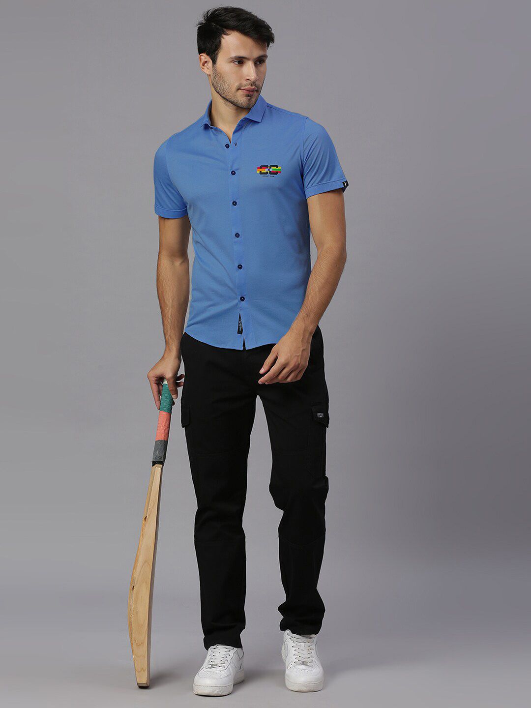 Thomas Scott Men Steel Blue Classic Slim Fit Short Sleeves Cutaway Collar Solid 4 Way Stretch Knitted Casual Shirt