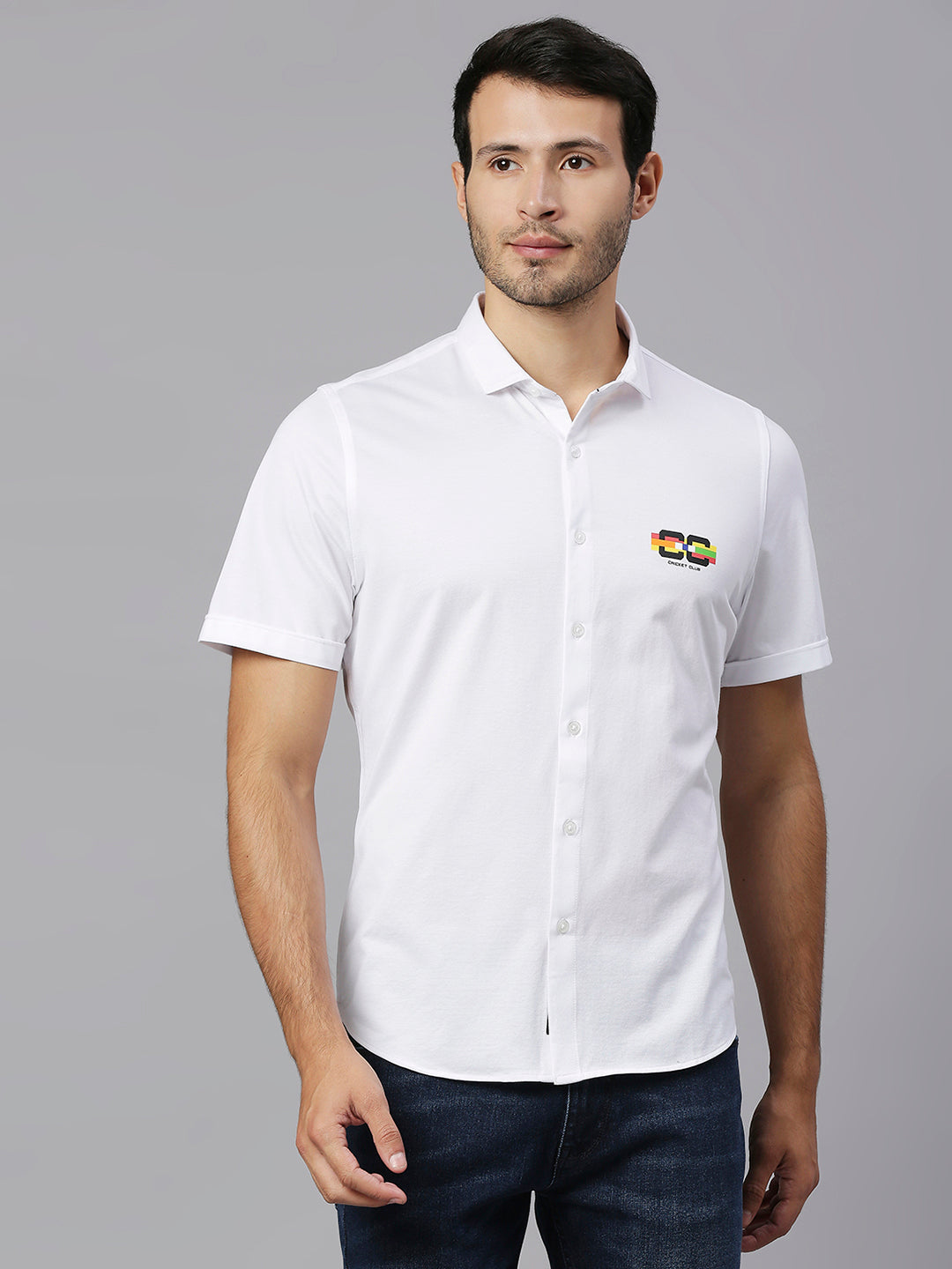 Thomas Scott Men White Cricket Club Collection Slim Fit Classic 4 Way Stretch Spread Collar Solid Knitted Casual Shirt Casual Shirt