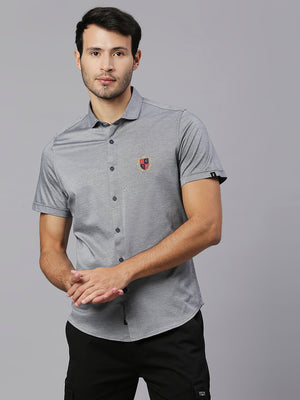 Thomas Scott Men Grey Classic Slim Fit Short Sleeves Spread Collar Solid Knitted Casual Shirts
